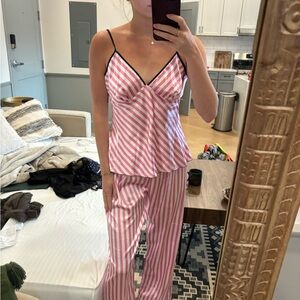 Women's Pink Striped Satin Pajama Set with Black Trim